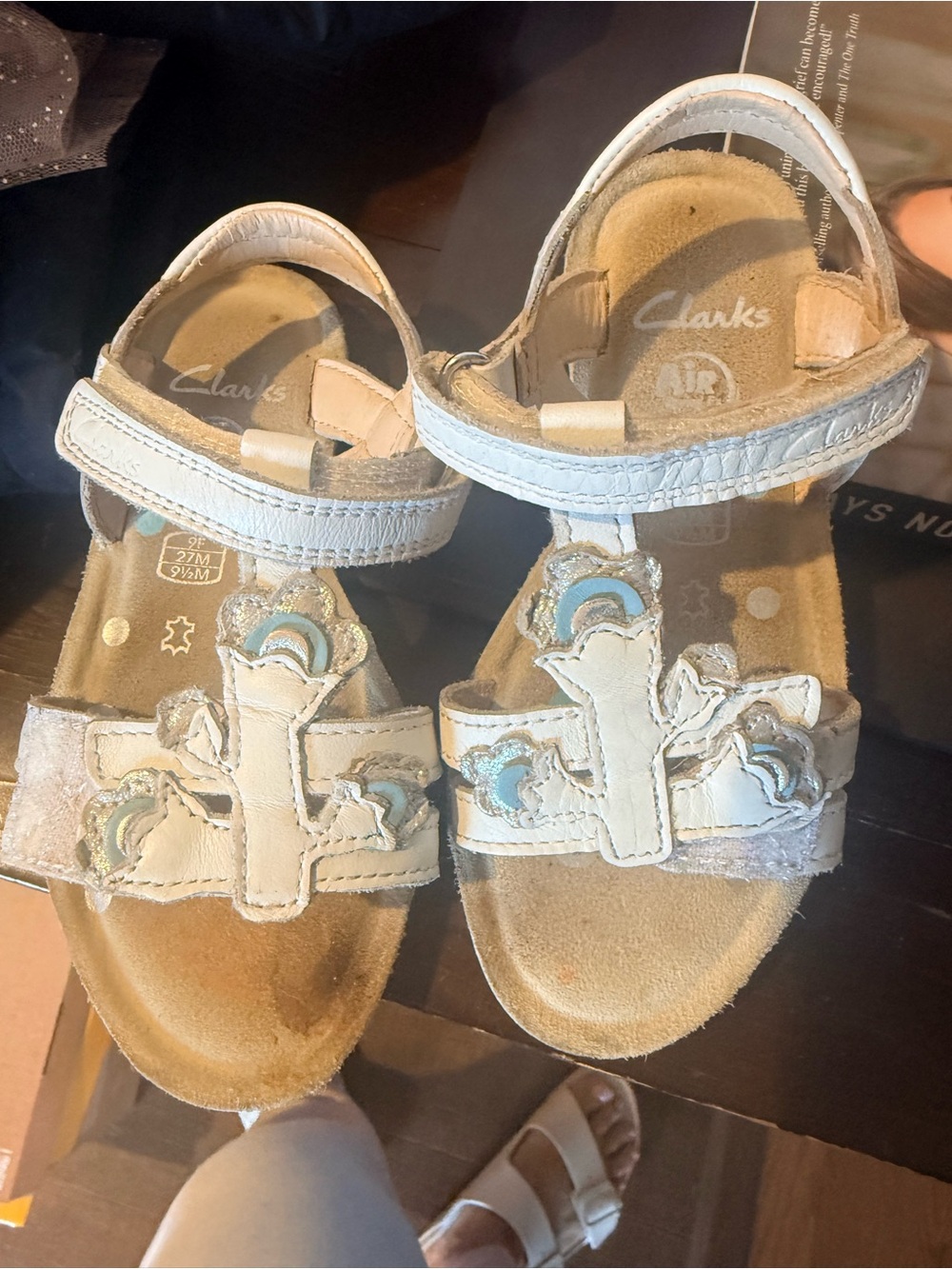 Clarks Kids White Leather Sandals with Pastel Rainbow Accents